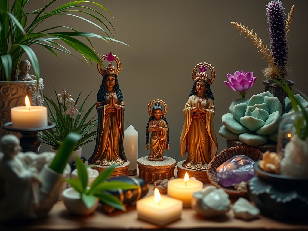 A collection of goddess figurines and statues surrounded by candles and plants on a decorative table.