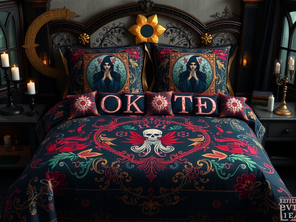 Gothic-inspired bedding set featuring dark floral patterns, skull motifs, and illustrated pillows.