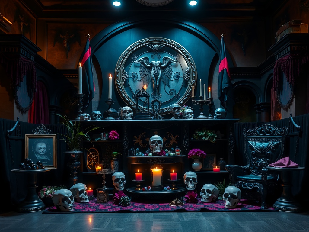 A gothic altar featuring candles, skulls, and dark decor.