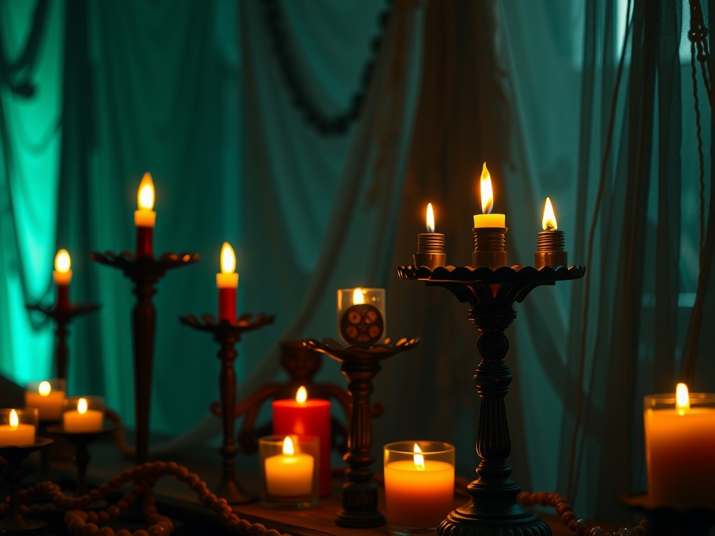 An array of Gothic candle holders with flickering candles in a moody setting.