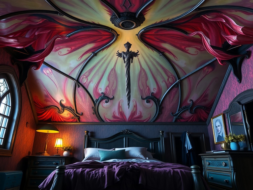 A beautifully designed gothic ceiling with swirling patterns of red and yellow, featuring a central chandelier, in a cozy bedroom.