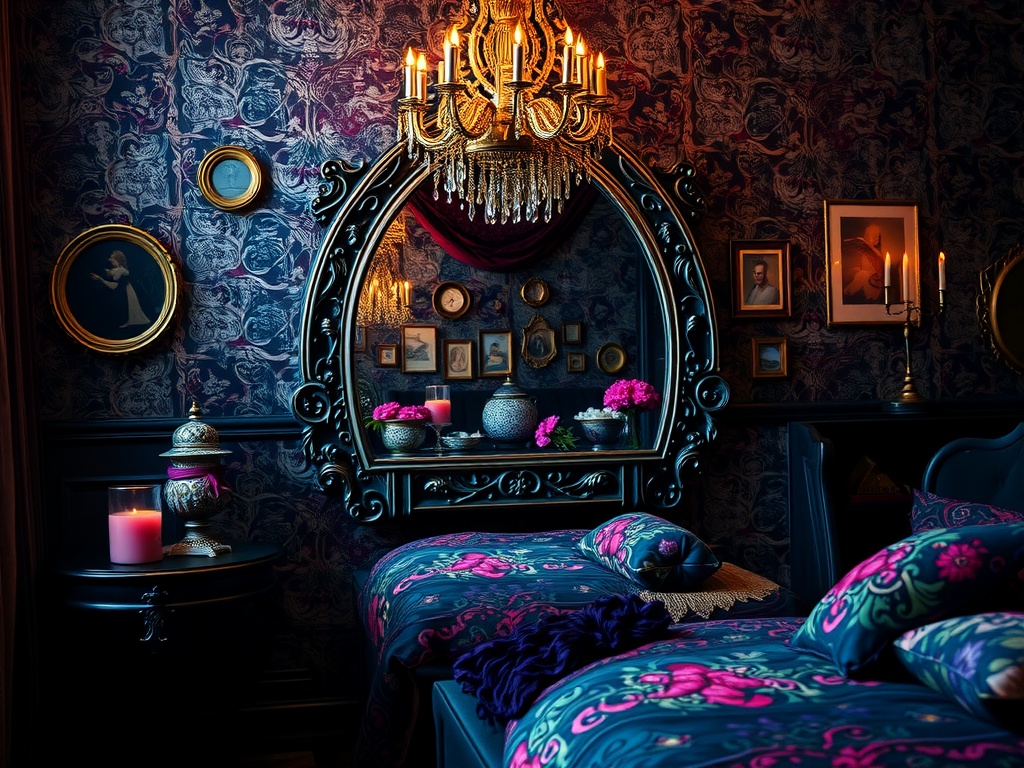 A beautifully designed Gothic Boho bedroom featuring an ornate mirror with a black frame, surrounded by vibrant floral patterns and dark wallpaper.