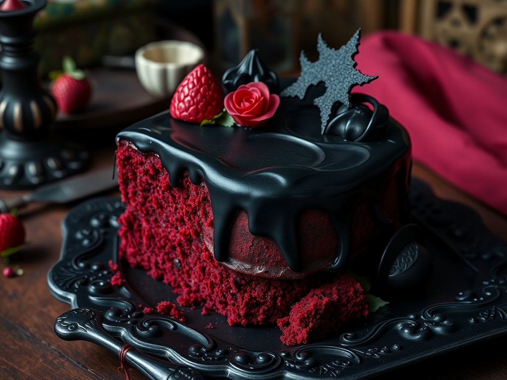 A gothic red velvet cake with black glaze, black decoration, and fresh raspberries on a dark plate.