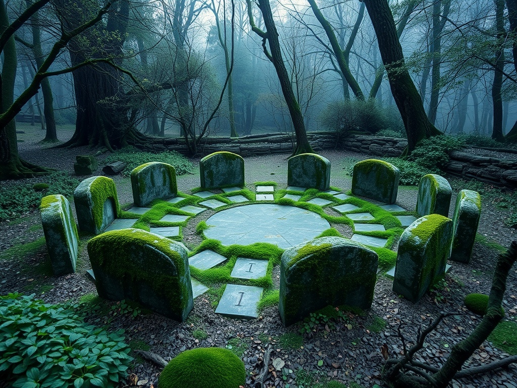 A gothic stone circle in a misty forest, surrounded by moss and trees.