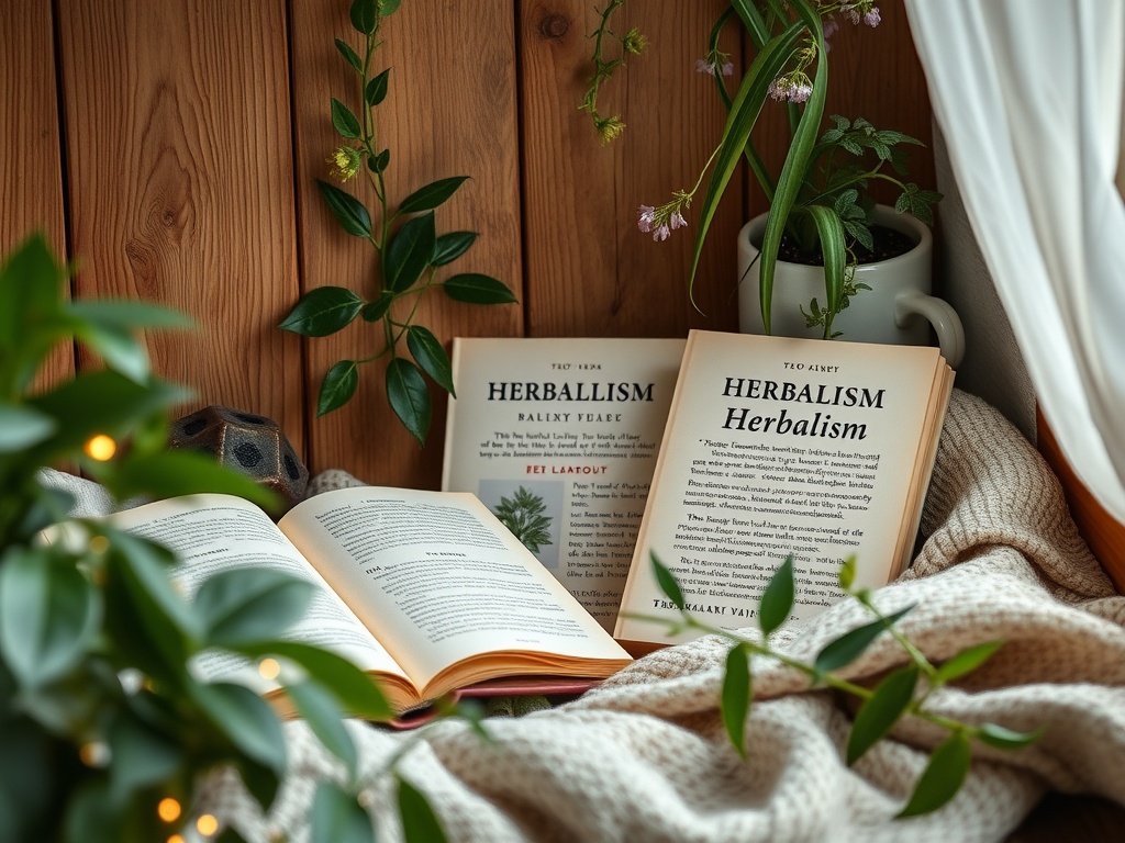 A cozy reading nook with books on herbalism, plants, and a warm blanket.