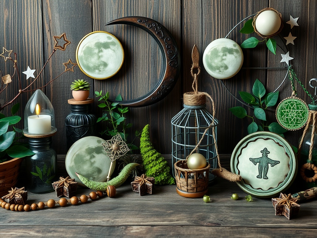 A beautifully arranged display of green witch decor featuring plants, moon designs, and natural elements.