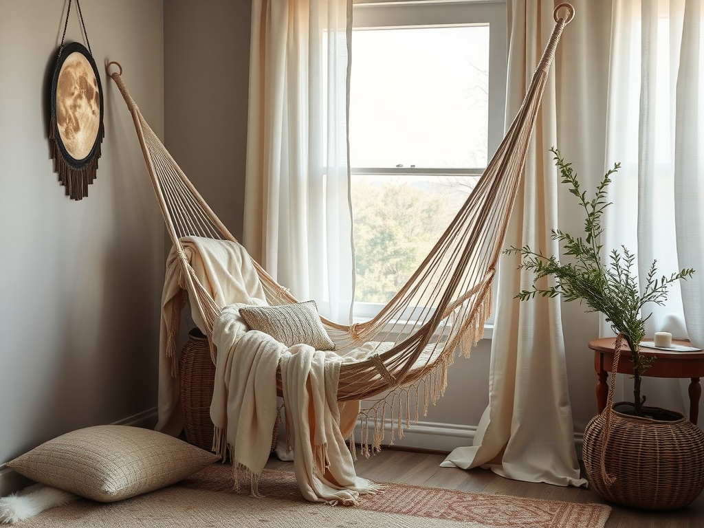 A cozy hammock chair in a bedroom with moon-themed decor, including a round moon mirror and soft pillows