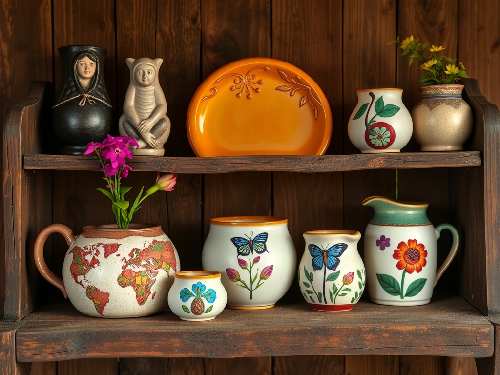 A collection of handcrafted pottery with nature motifs, including vases and pitchers, displayed on a wooden shelf.