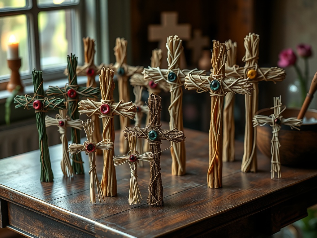 Various handmade Brigid's Crosses made from straw, displayed on a wooden table, featuring colorful beads.