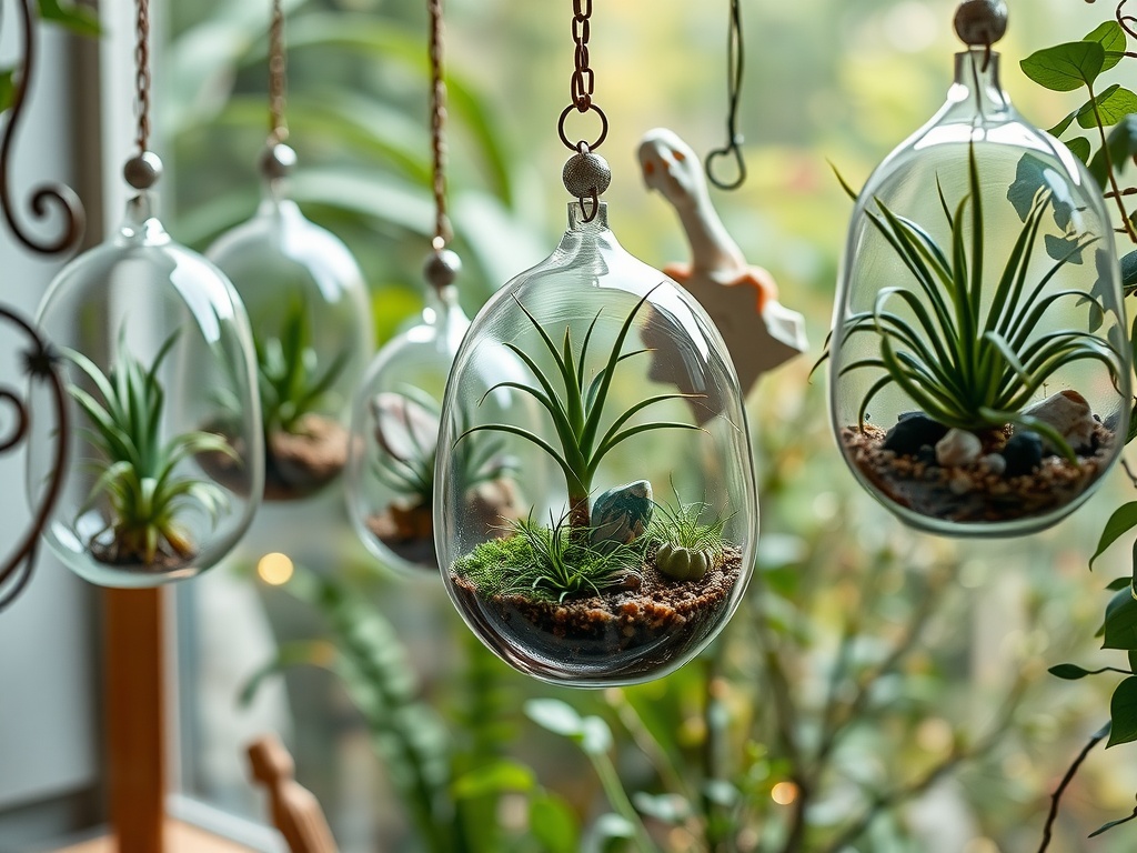 Hanging glass terrariums with various plants inside, creating a magical display