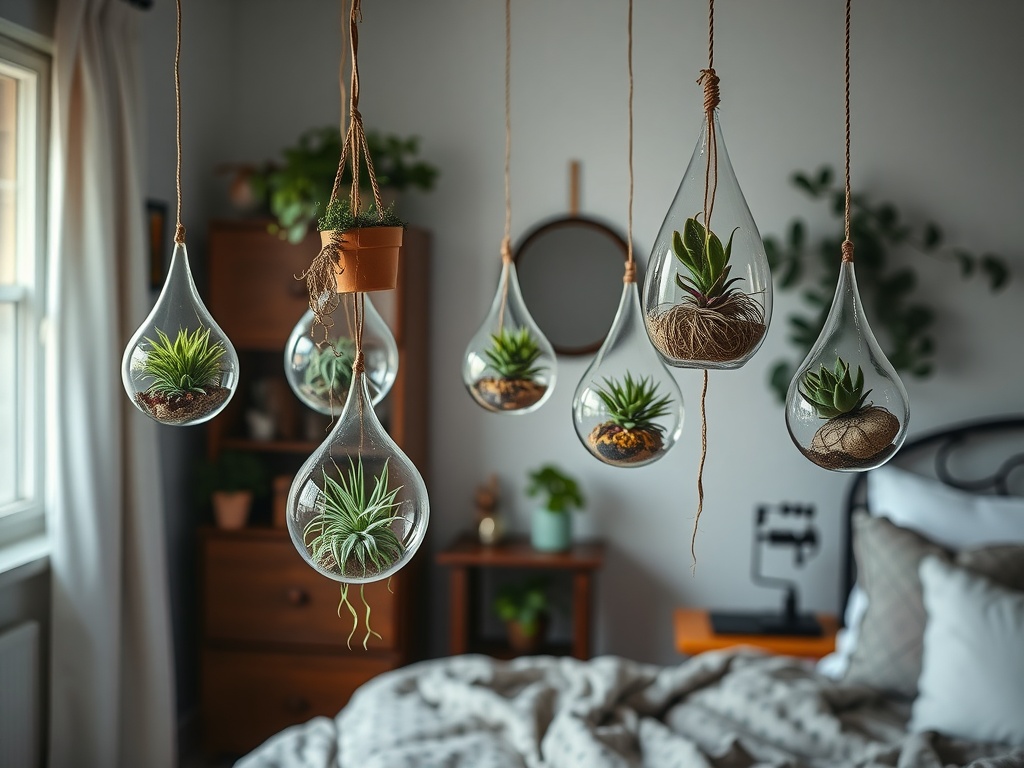 Hanging terrariums with various plants in a gothic boho bedroom setting