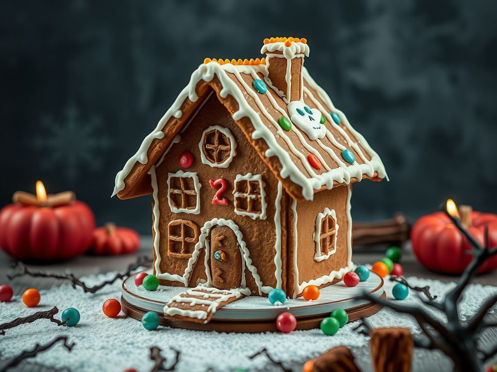 A beautifully decorated gingerbread house cake surrounded by pumpkins and candy, set against a dark background.