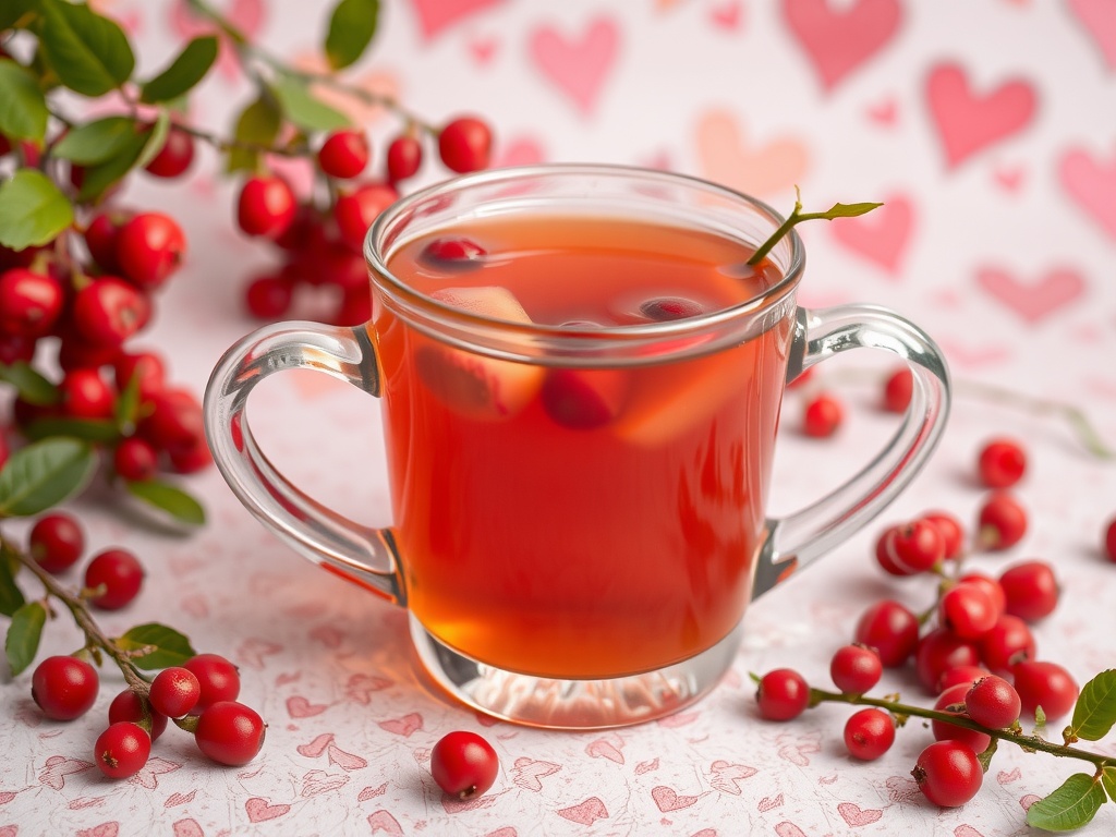 A vibrant cup of hawthorn tea surrounded by red berries, symbolizing heart health.