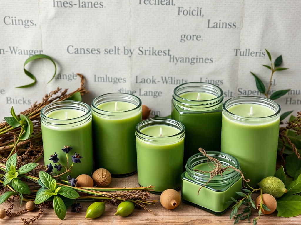 A collection of green herb-infused candles surrounded by various herbs and natural elements.