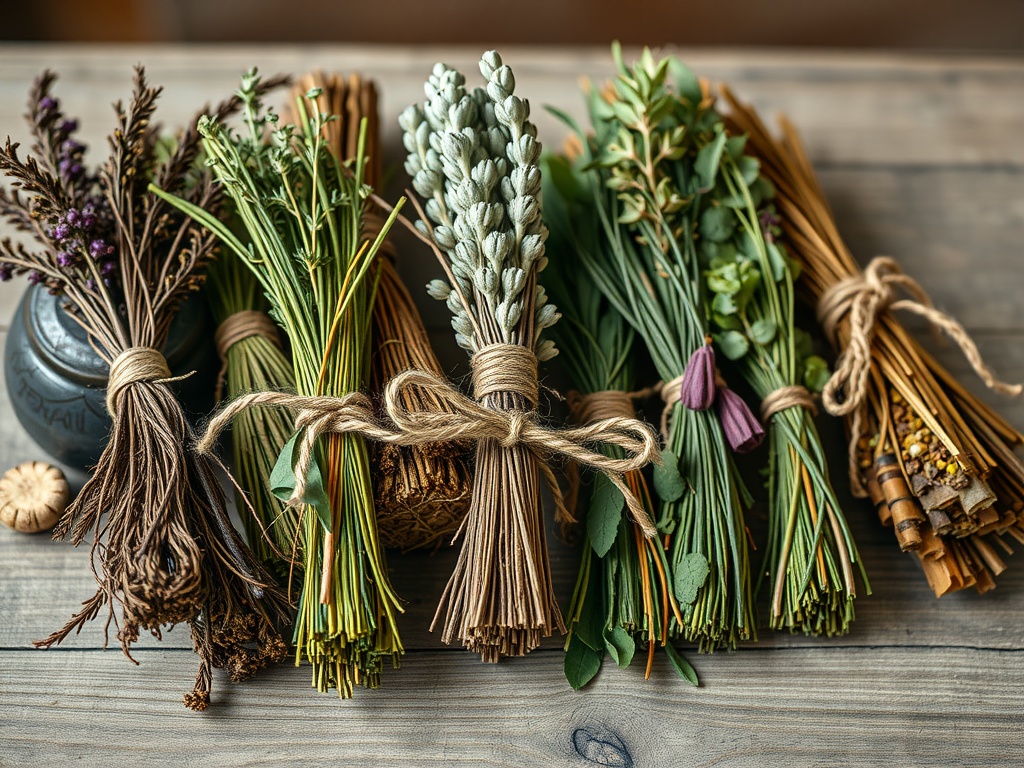 A collection of tied herb bundles on a wooden surface, featuring various herbs and plants.