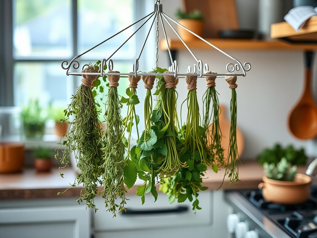 A hanging herb drying rack with various green herbs in a cozy kitchen setting.