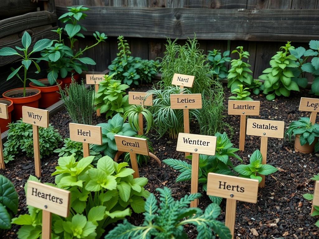 An herb garden with wooden labels for each plant, showcasing a lush and inviting atmosphere.