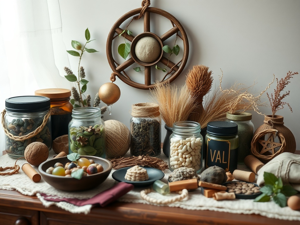 A beautiful herbal altar featuring various dried plants and herbs arranged in jars and bowls.