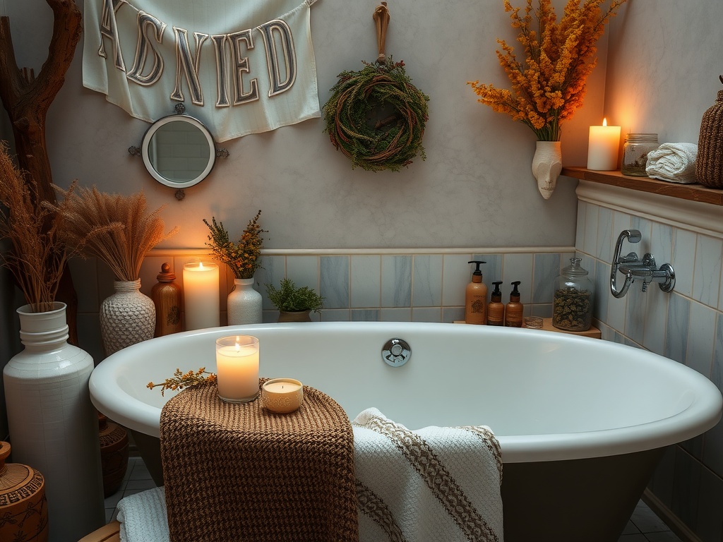 A serene bathroom setup with candles, herbs, and a cozy bathtub, creating a relaxing space for herbal bath rituals.