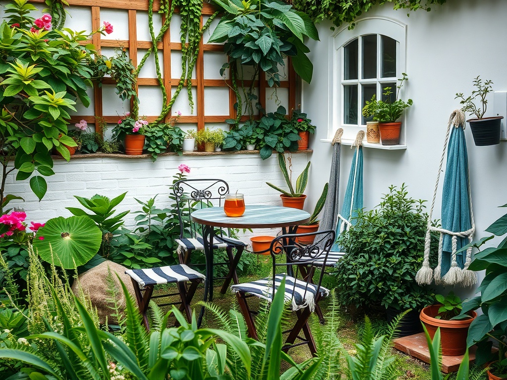 A cozy garden corner with plants, a small table, and chairs, perfect for enjoying herbal tea.