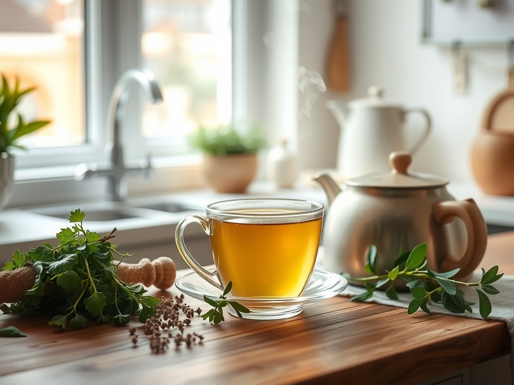 A cup of herbal tea with fresh herbs on a wooden table, in a cozy kitchen setting.