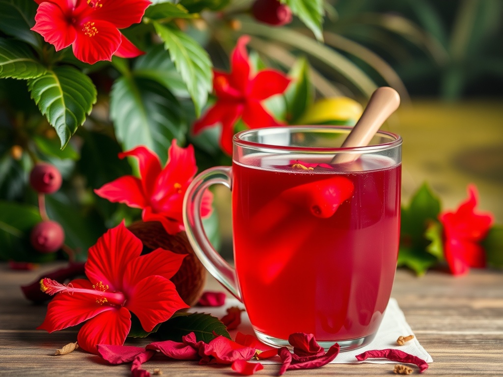 A vibrant cup of hibiscus tea with flowers and herbs surrounding it.