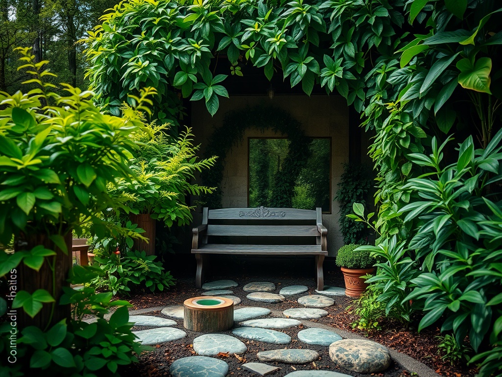 A hidden garden space with a wooden bench surrounded by lush green plants and a stone pathway.