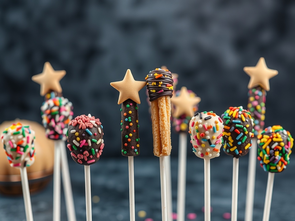 Colorful cake pops decorated like magic wands with sprinkles and stars.