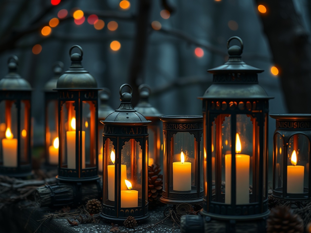 A collection of illuminated glass lanterns with flickering candles inside, surrounded by pinecones and festive lights.