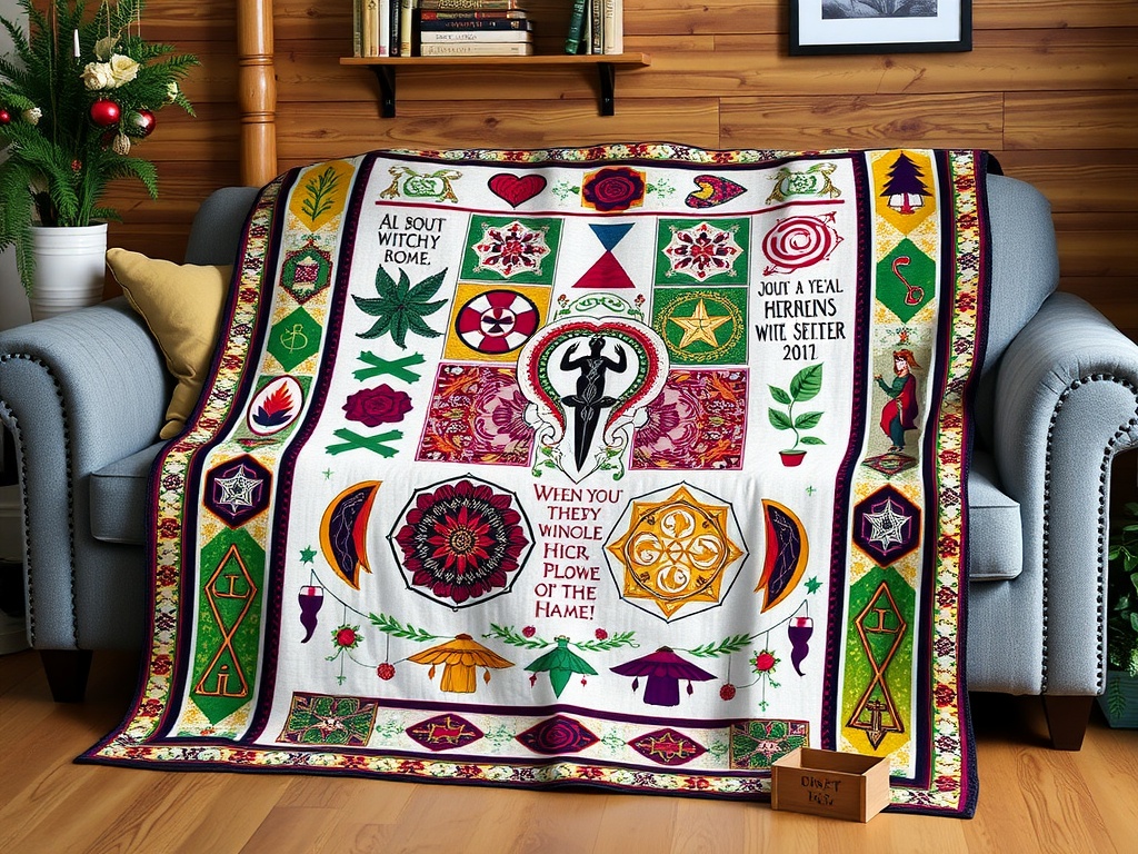 Colorful Imbolc-themed quilt displayed on a cozy couch