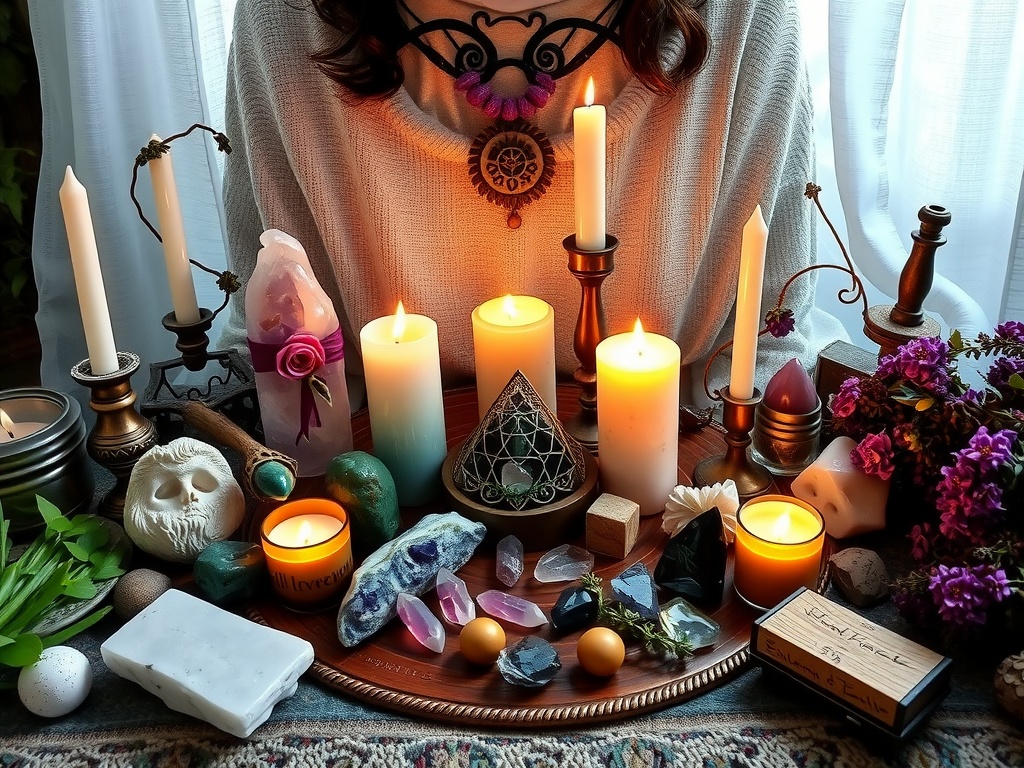 An Imbolc altar featuring various crystals, candles, and decorative items, creating a serene and colorful setup.