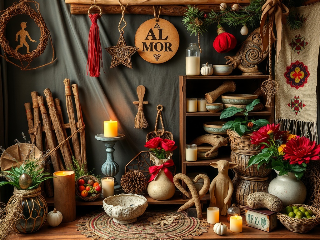 A cozy display of indigenous symbols and crafts for Imbolc decorations, featuring candles, plants, and natural materials.