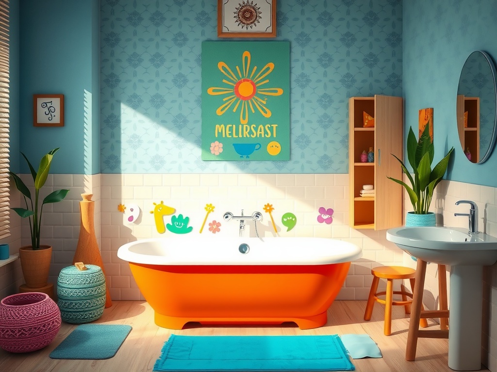 A colorful and playful bathroom with an orange bathtub, fun wall stickers, and a friendly atmosphere for kids.