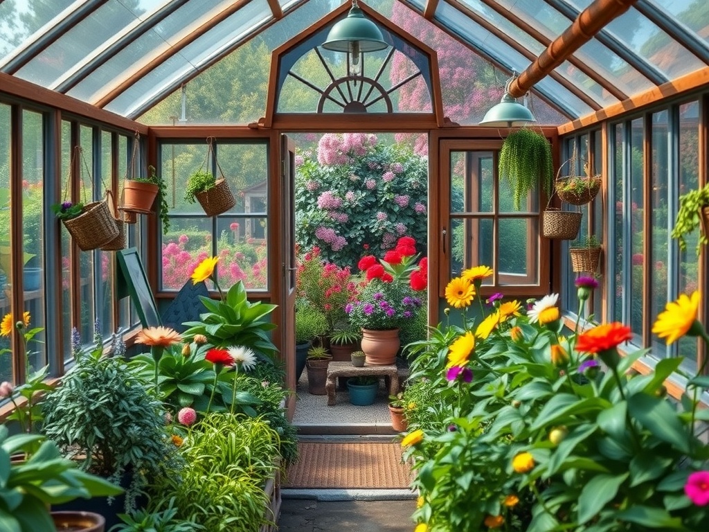 A vibrant greenhouse filled with colorful flowers and lush plants, creating an inviting atmosphere.