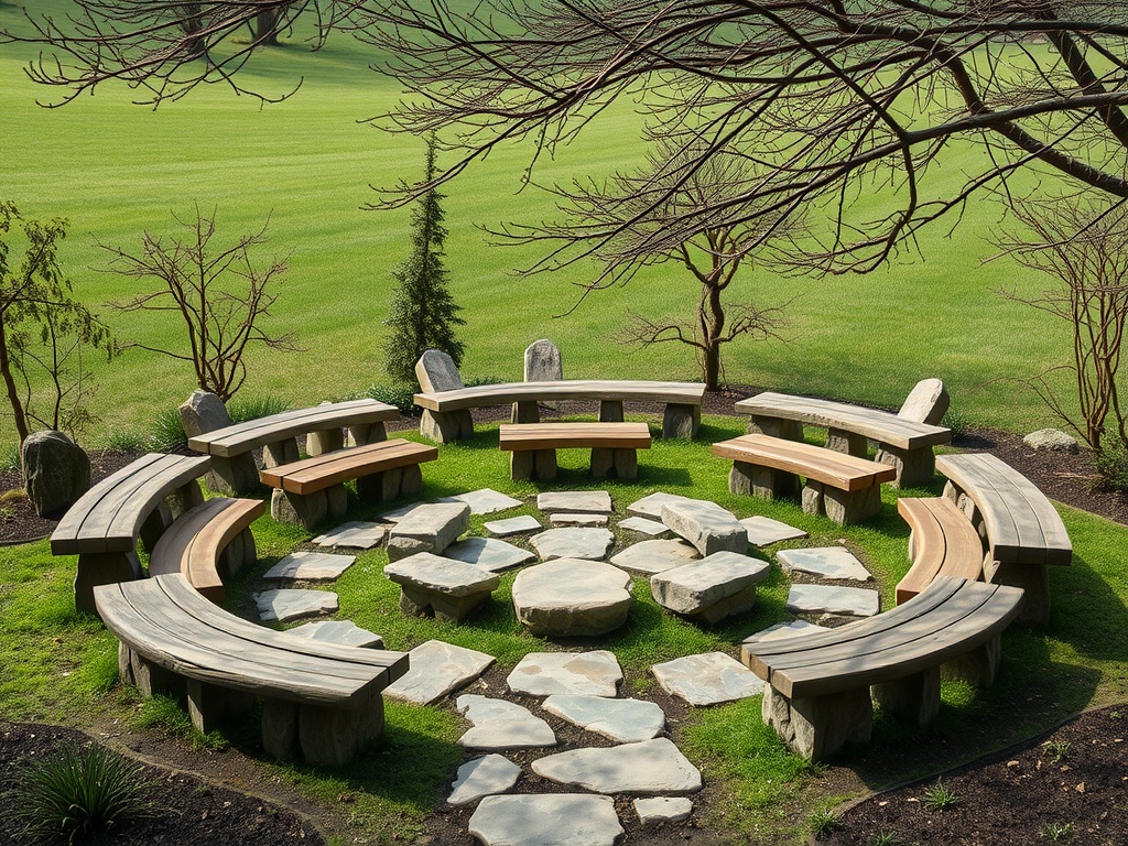 A circular gathering space with wooden benches and stone paths surrounded by greenery.