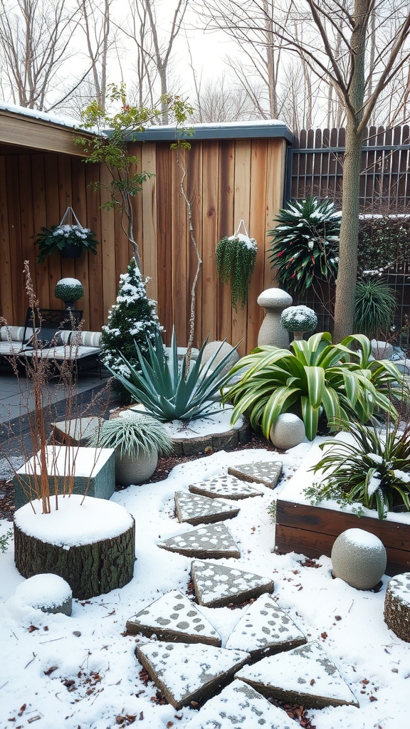 Un jardín de invierno con elementos de madera y plantas variadas, cubierto de nieve.