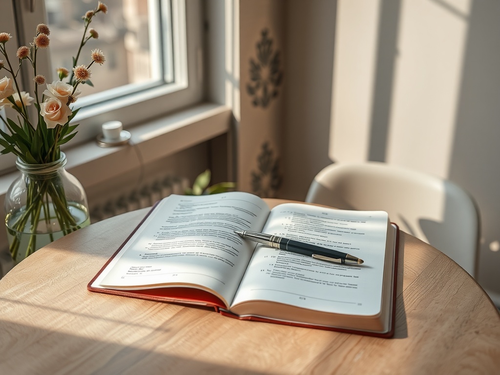 A journal opened on a wooden table with a pen, beside a vase of flowers, illuminated by sunlight from a nearby window.