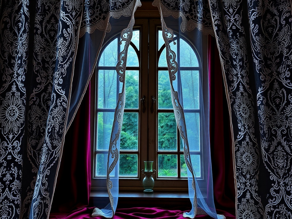 Intricate lace curtains frame a window, with a cozy red drape and a glass vase on the sill, creating a gothic boho atmosphere.