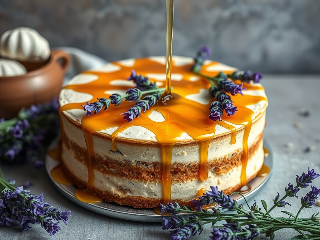 A Lavender and Honey Spell Cake topped with honey drizzle and lavender sprigs.