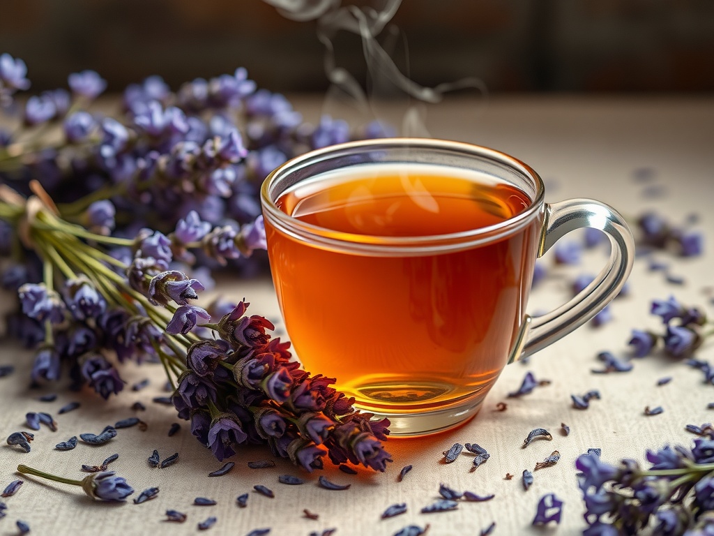 A cup of lavender tea with lavender flowers scattered around.