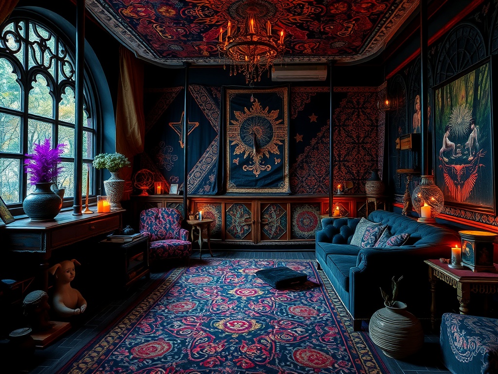 A Gothic Boho bedroom featuring layered patterns, intricate wall hangings, and a cozy blue couch with artistic decor.