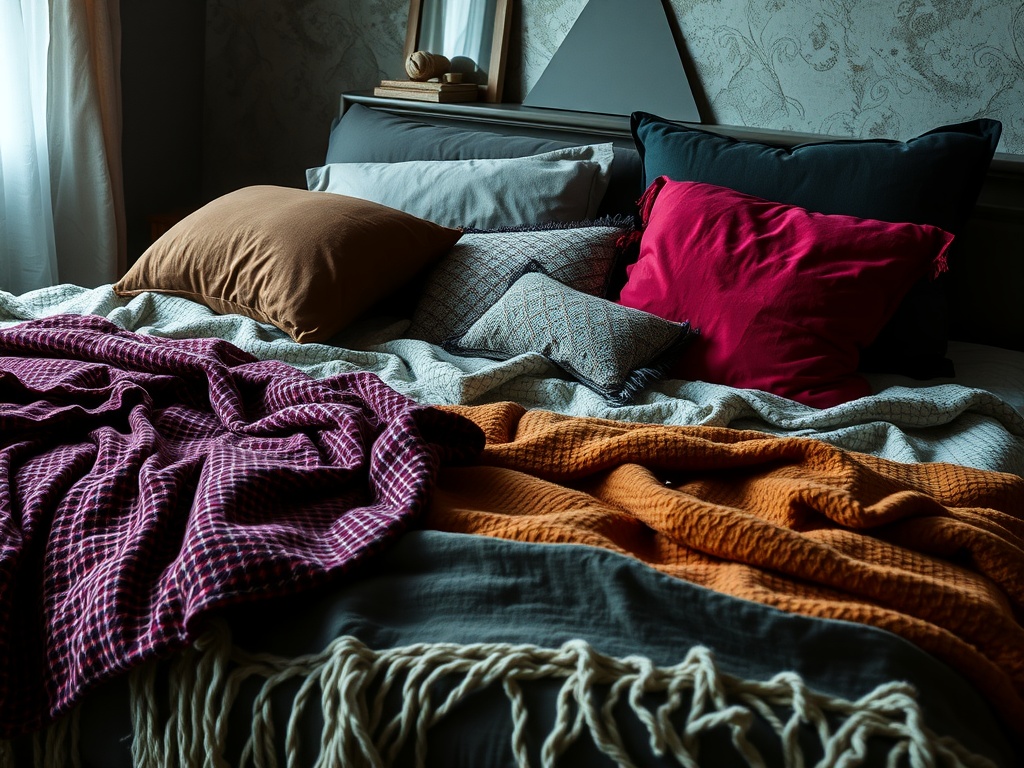 A cozy bed with layered textiles, featuring various pillows and colorful throw blankets.