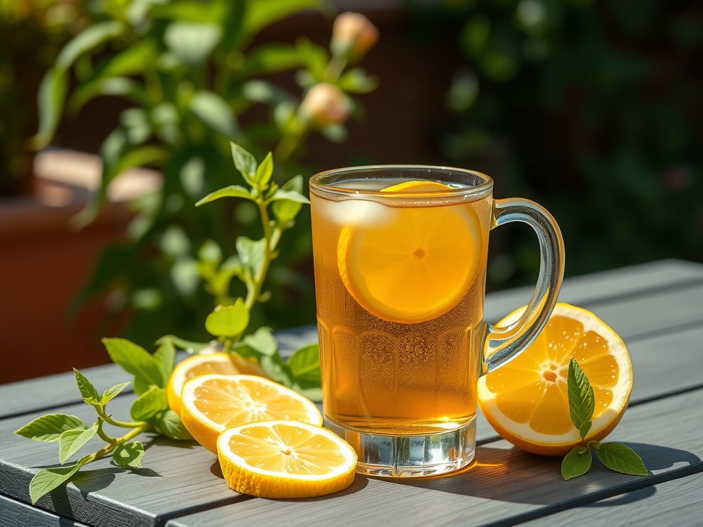 A refreshing cup of Lemon Balm Joy Tonic with lemon slices