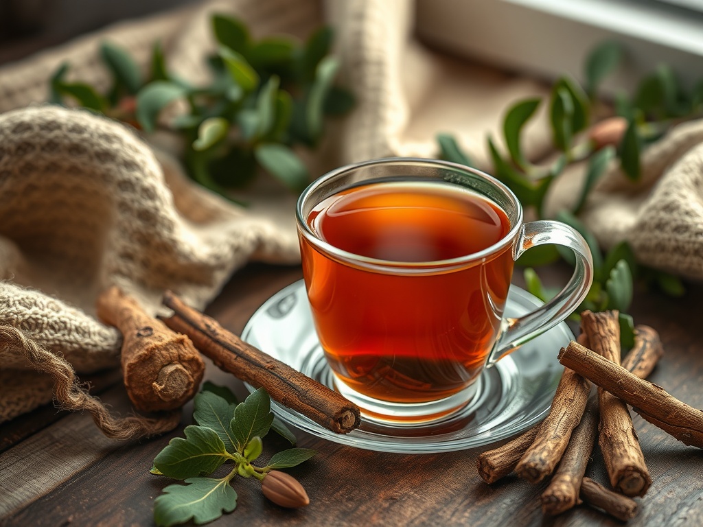 A cup of herbal tea with licorice root and cinnamon sticks.