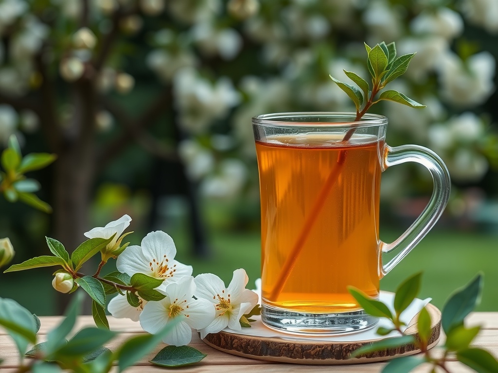 A glass of linden flower tea with fresh flowers beside it.