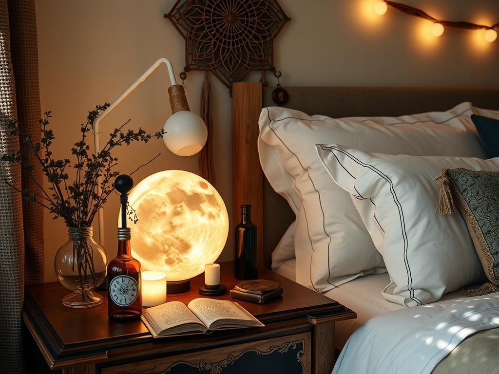 A cozy bedside table with a glowing moon lamp, vintage clock, greenery, and an open book, creating a serene atmosphere.