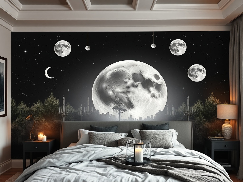 A moon-themed area divider in a cozy bedroom setting, featuring a large moon mural and soft lighting.