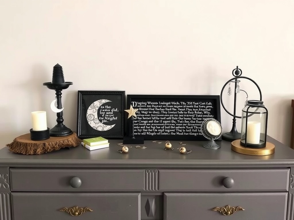 Decorative lunar-themed accessories on a dresser.