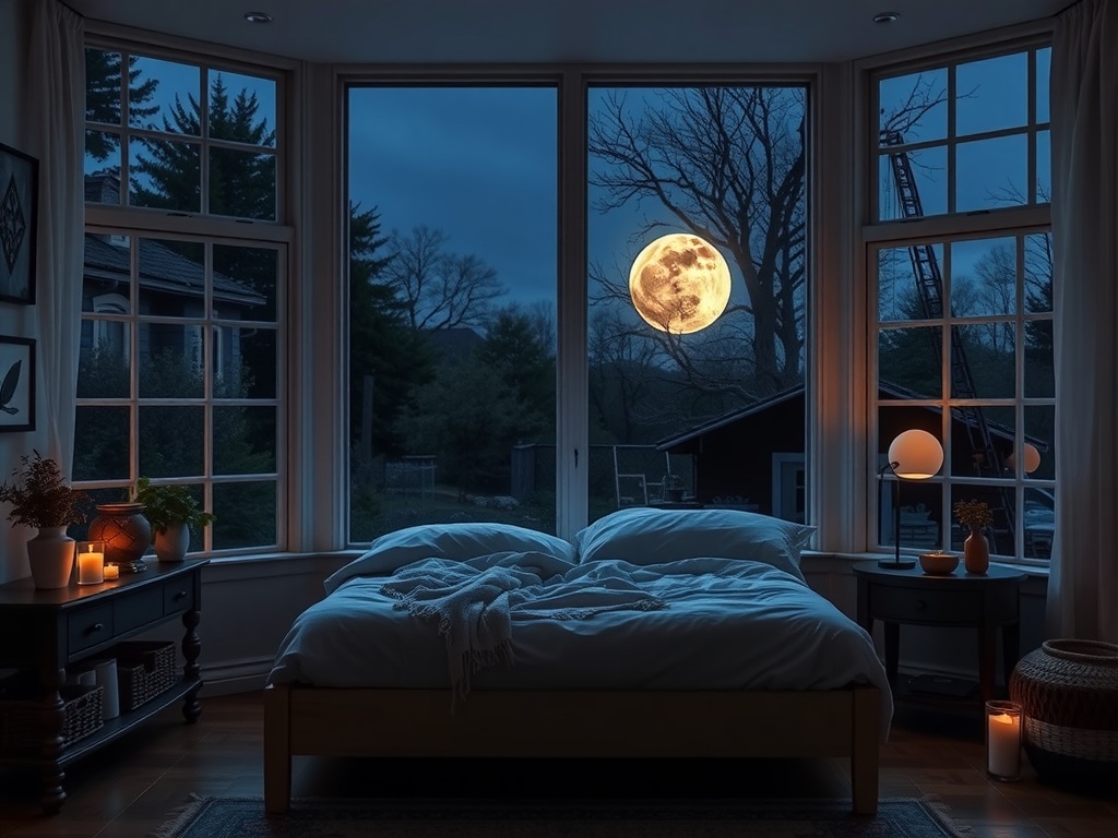 A cozy bedroom with a large window showcasing a full moon outside, surrounded by soft bedding and plants.