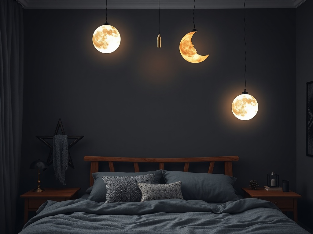 A cozy bedroom with moon-themed light fixtures hanging from the ceiling, featuring a large round moon, a crescent moon, and a pendant light.